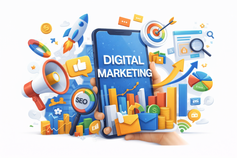 Digital Marketing Agency illustration showing SEO, Social Media Marketing, Analyitcs, lead generation, and online business growth.