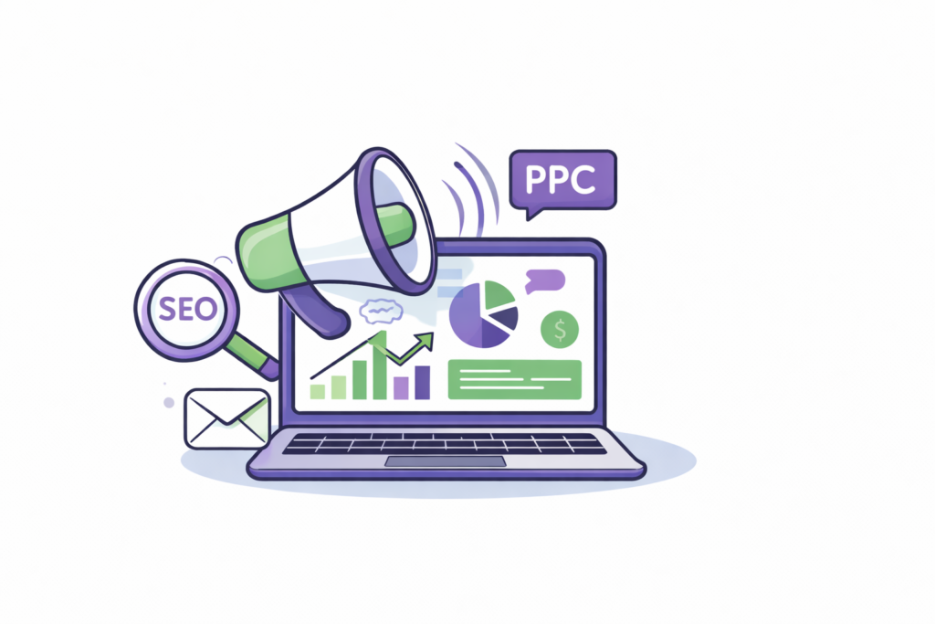 Digital marketing professional analyzing growth charts with laptop, showing SEO, Google Ads, and social media strategies on a white background.