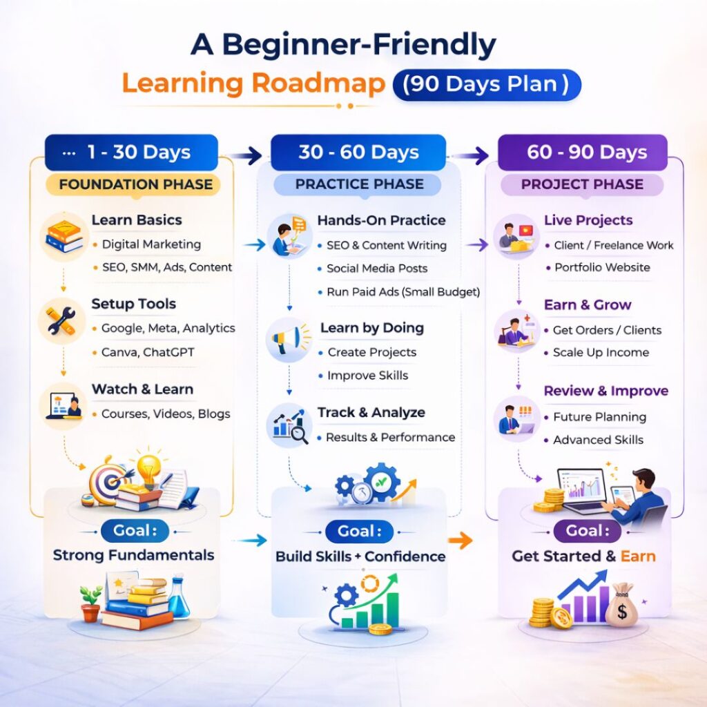 Beginner digital marketing roadmap showing 1–30, 30–60, and 60–90 day learning phases with goals and skills.