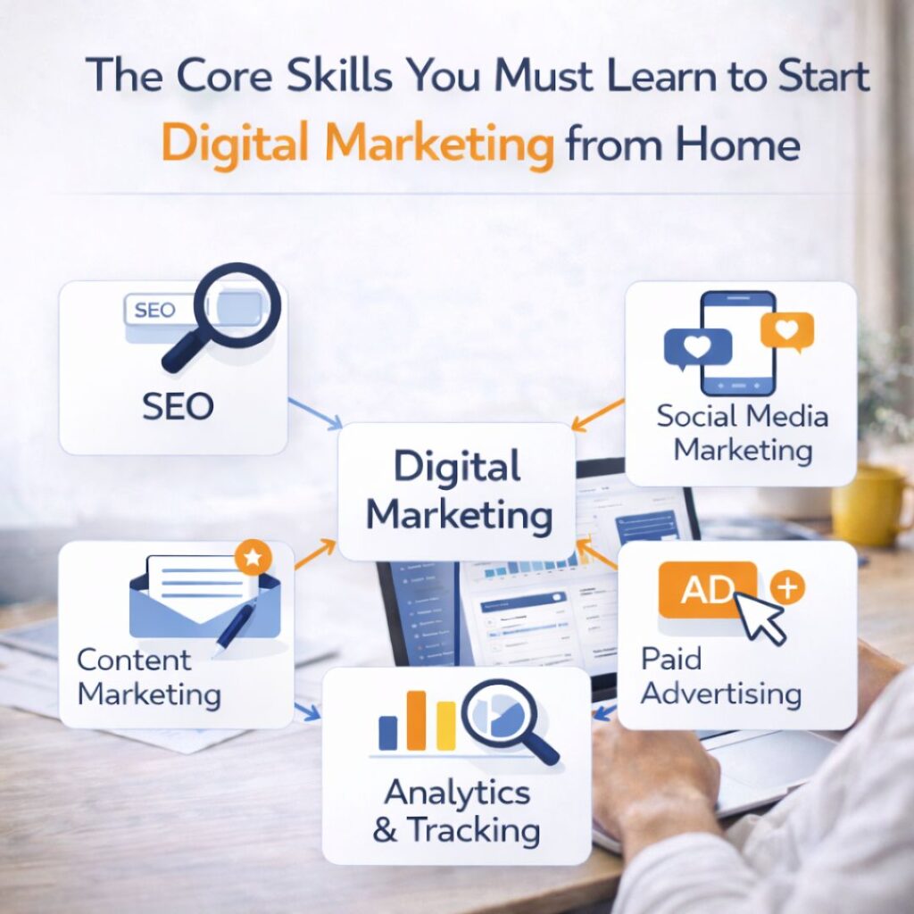 Diagram showing core digital marketing skills including SEO, content marketing, social media marketing, paid advertising, and analytics.