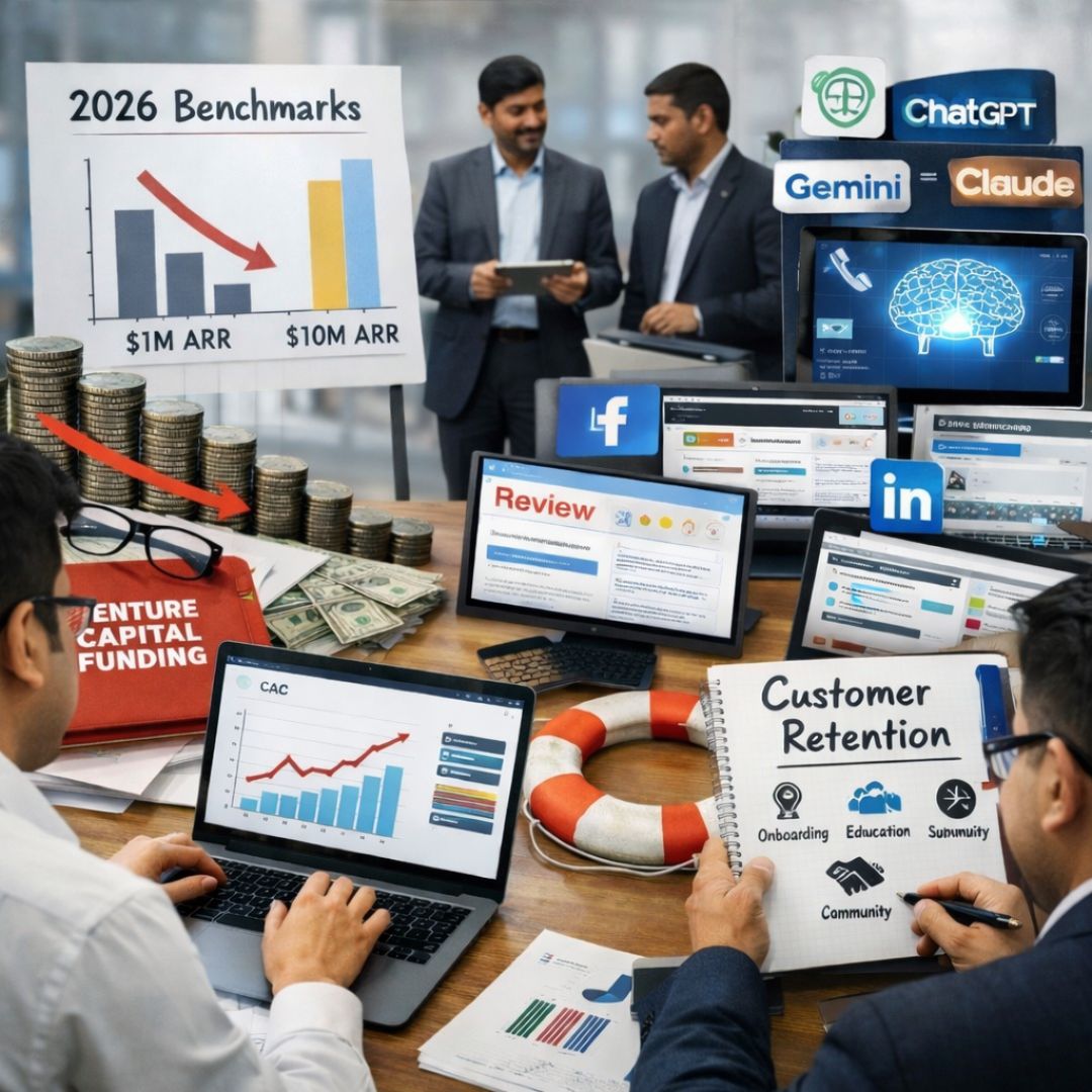 B2B SaaS marketing strategy 2026 concept showing business growth metrics, CAC analytics dashboard, venture capital funding documents, customer retention planning, and AI-driven research tools in a modern corporate office setting.