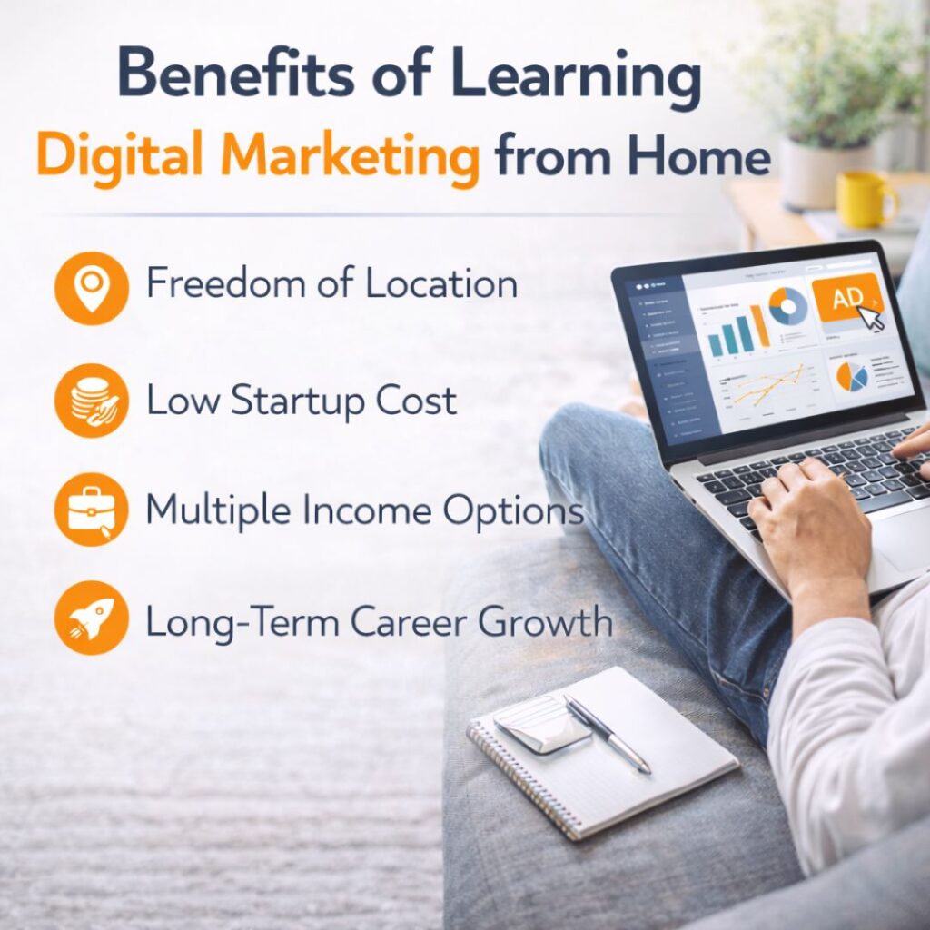 Person working on laptop at home with text highlighting benefits of learning digital marketing remotely.