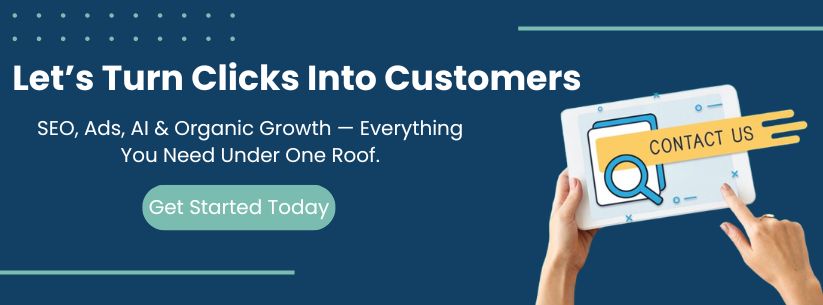 Digital marketing call-to-action banner with “Let’s Turn Clicks Into Customers” headline, get started button, and contact us tablet illustration on blue background.
