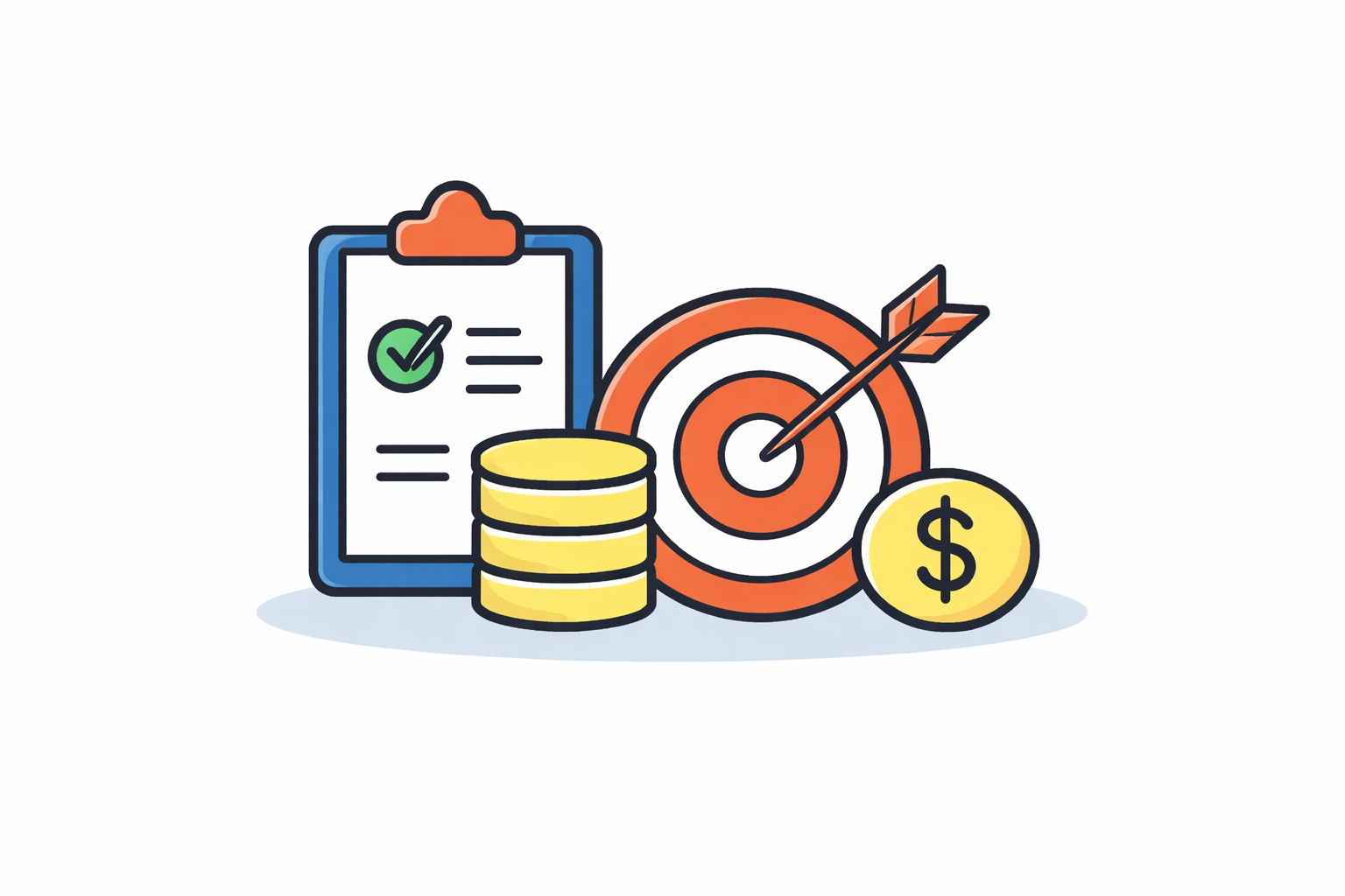 Digital marketing icon showing target, checklist, and coins for business growth.