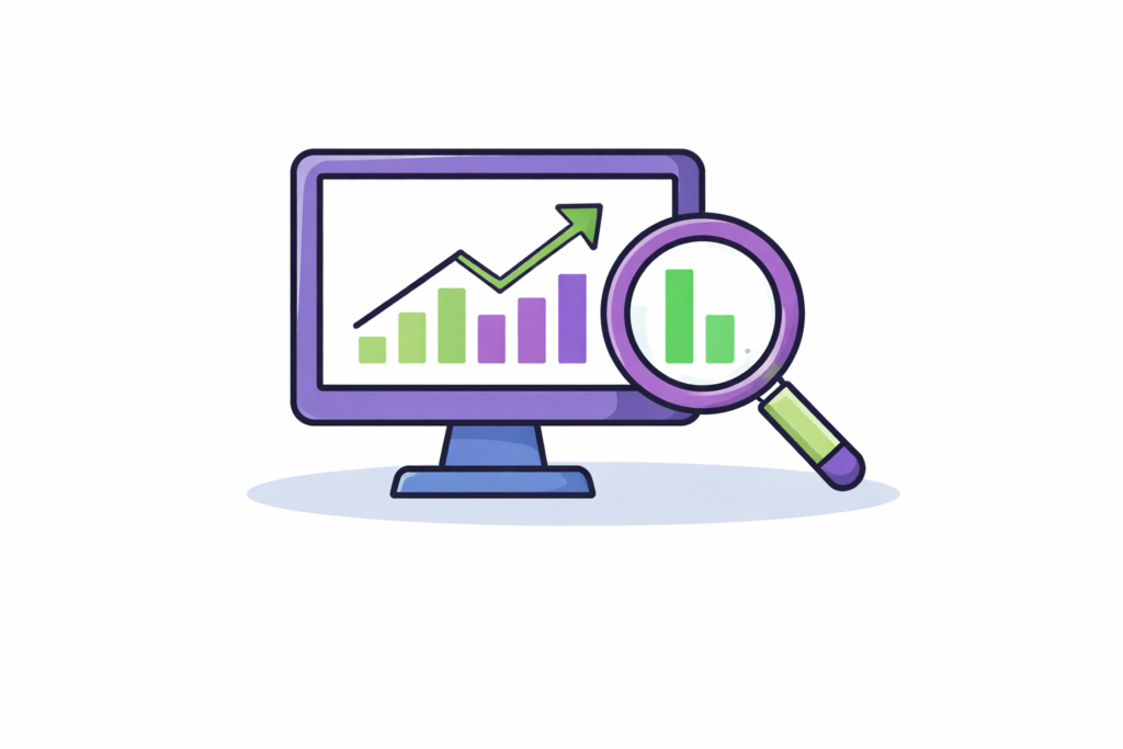 Digital marketing analytics icon showing growth chart and magnifying glass for performance tracking.