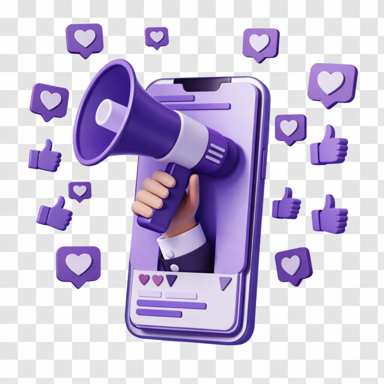 Social media marketing illustration showing mobile promotion, engagement icons, analytics, and business growth for brands in Ahmedabad.