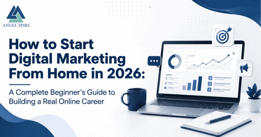 Minimalist featured image showing a beginner starting digital marketing from home in 2026 with analytics dashboard, laptop workspace, and online career growth concept