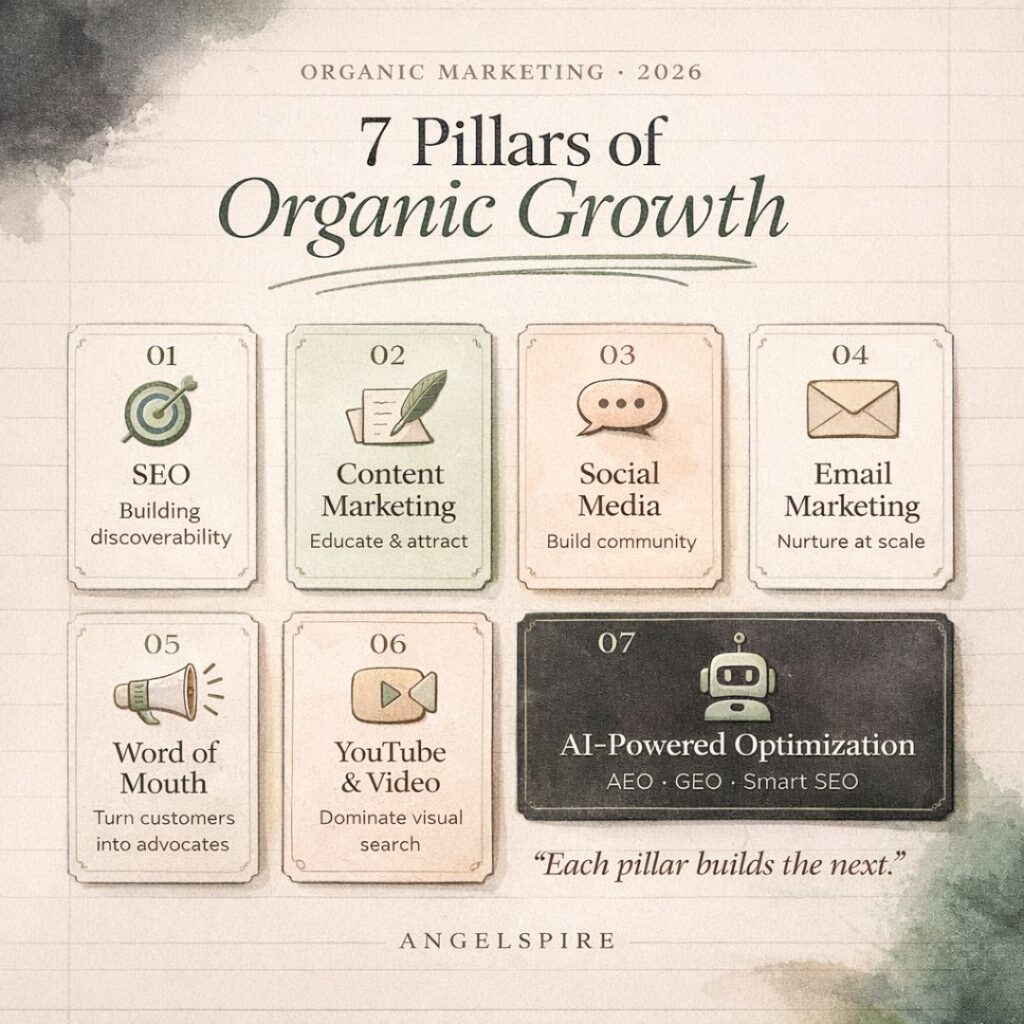 A cream-toned editorial infographic listing the 7 pillars of organic marketing — SEO, Content Marketing, Social Media, Email Marketing, Word of Mouth, YouTube & Video, and AI-Powered Optimization — designed for businesses looking to grow organically in 2026.