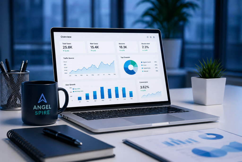 Angel Spire digital marketing analytics dashboard showing 25.8K users, 3.62% conversions, traffic sources, and SEO campaign performance overview