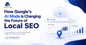 Minimal white and navy blue featured image showing Google AI Mode, local SEO analytics, AI search interface, and local ranking growth concept for businesses in Ahmedabad