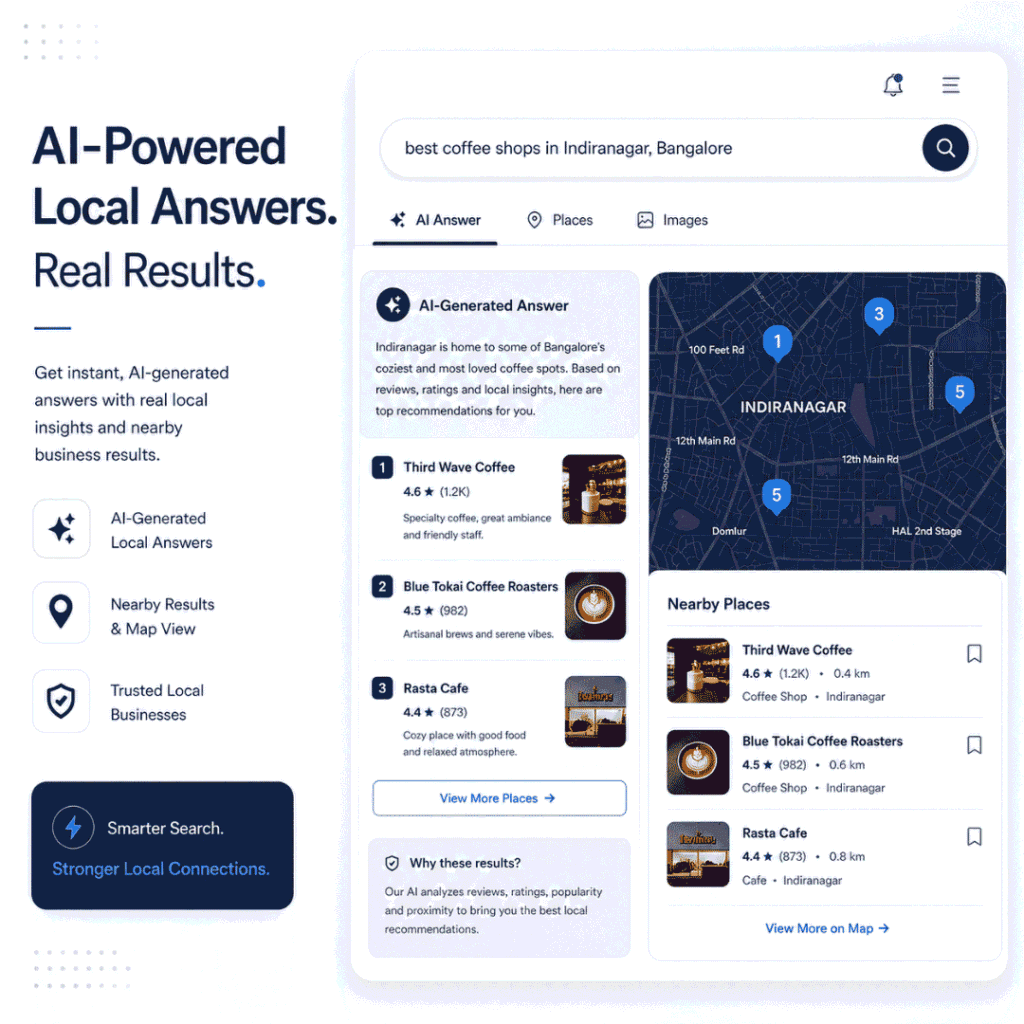 Google’s AI Mode showing AI-powered local search results for nearby businesses in 2026
