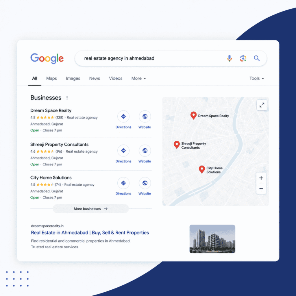 Real estate business ranking in Google Map Pack and organic results for SEO services for real estate businesses in Ahmedabad